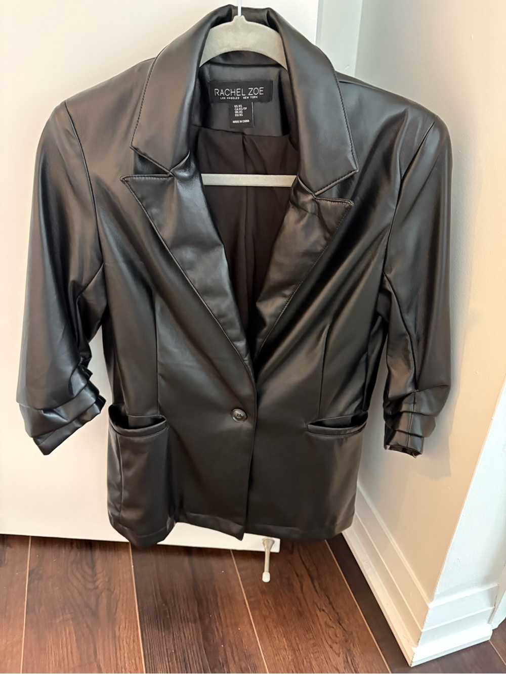 Rachel Zoe Black Vegan Leather Blazer with Single-Button Front